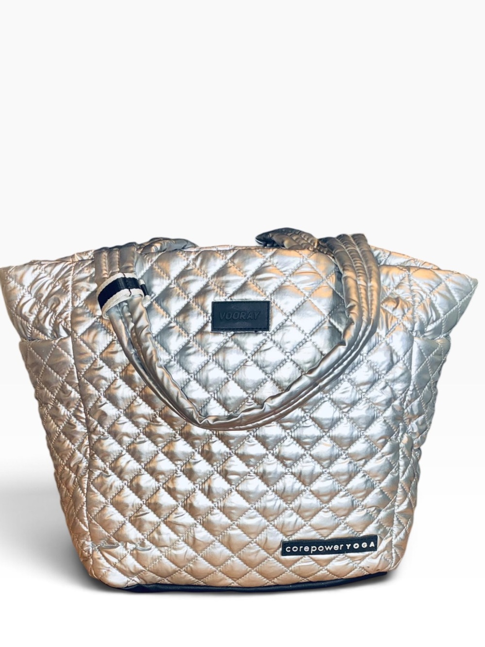 Vooray CorePower Yoga Naomi Silver Quilted Tote Bag Purple Lining
